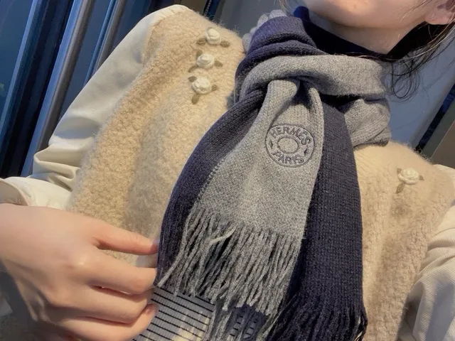 Hermès Écharpe de Cachemire navy et gray à franges de deux tons 2