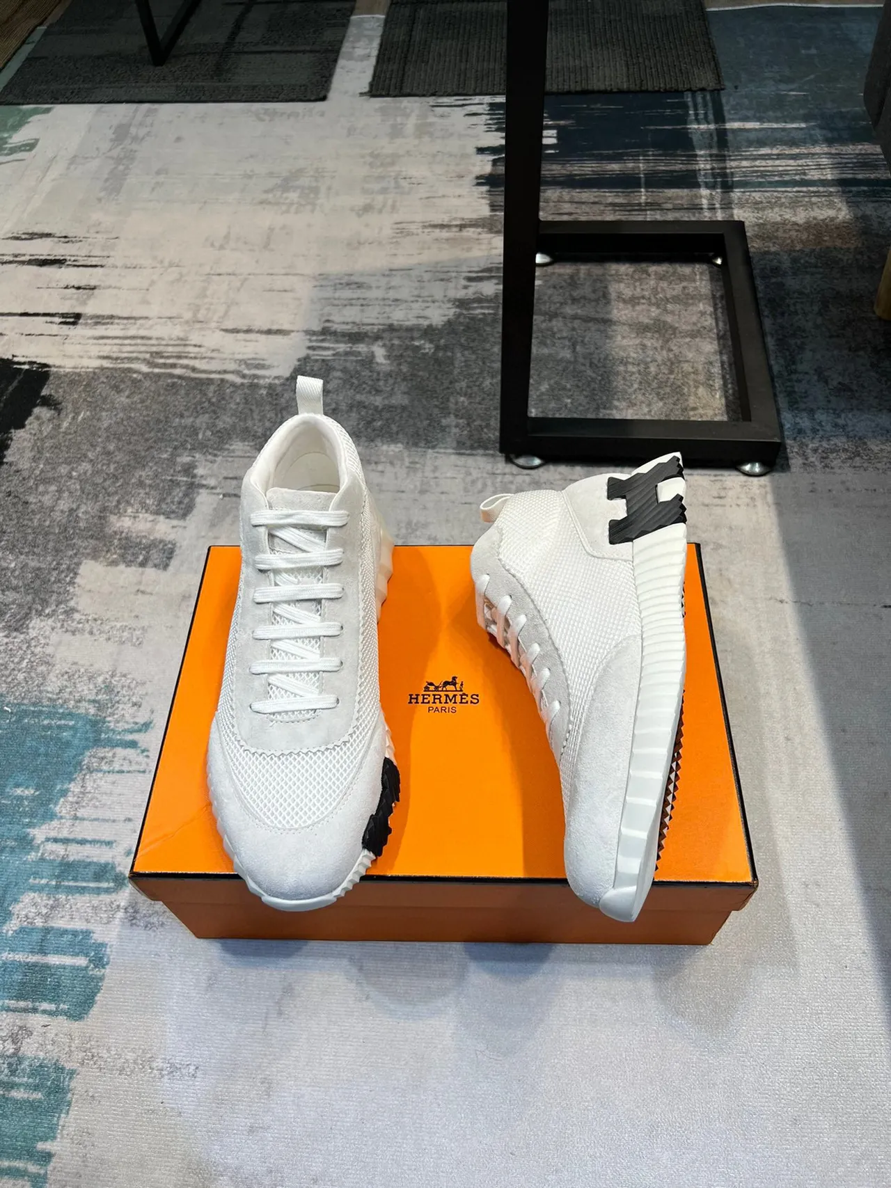 Hermès White Black High-Top Mesh-Suede Hybrid Upper Chunky Sneakers 4