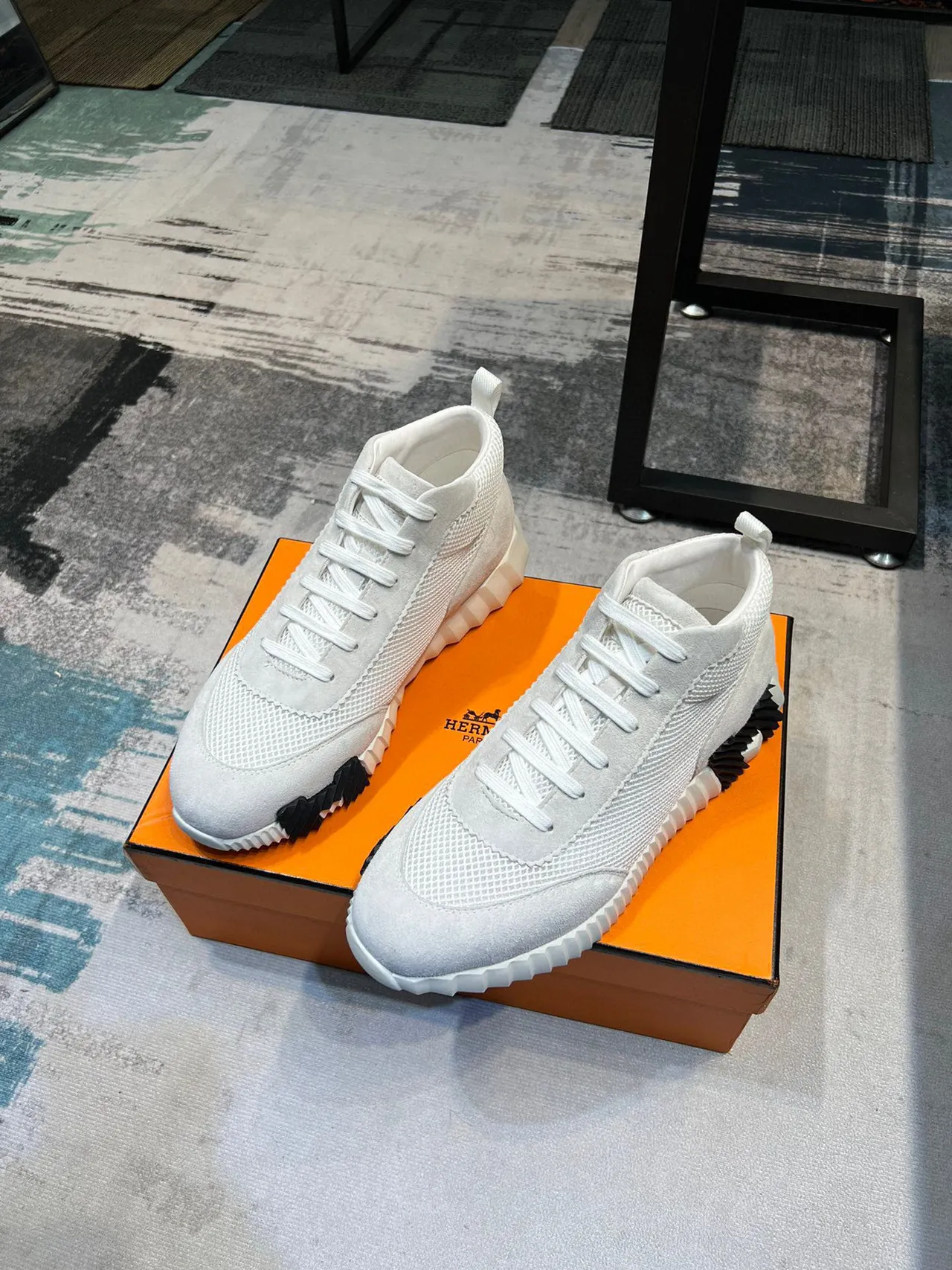 Hermès White Black High-Top Mesh-Suede Hybrid Upper Chunky Sneakers 5