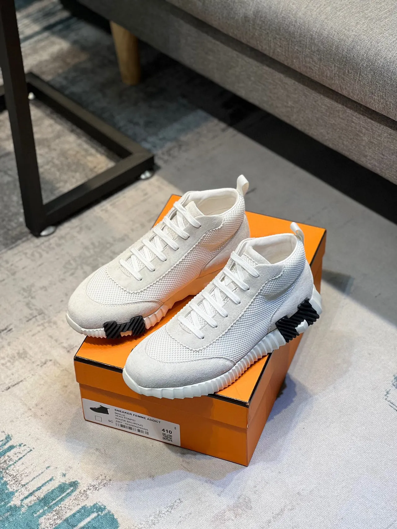 Hermès White Black High-Top Mesh-Suede Hybrid Upper Chunky Sneakers 7