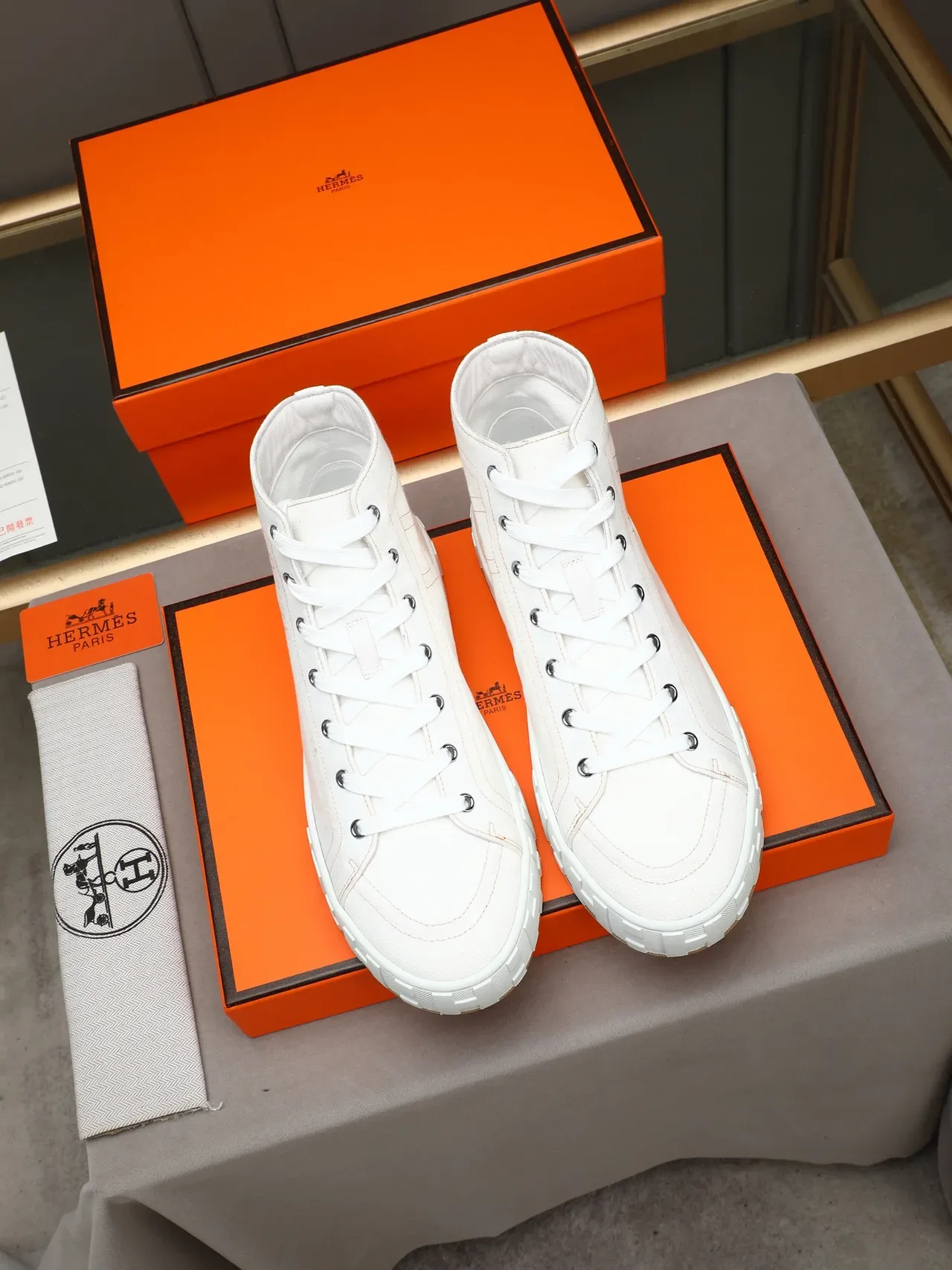 Hermès White Brown High-Top Canvas Upper Sneakers 2