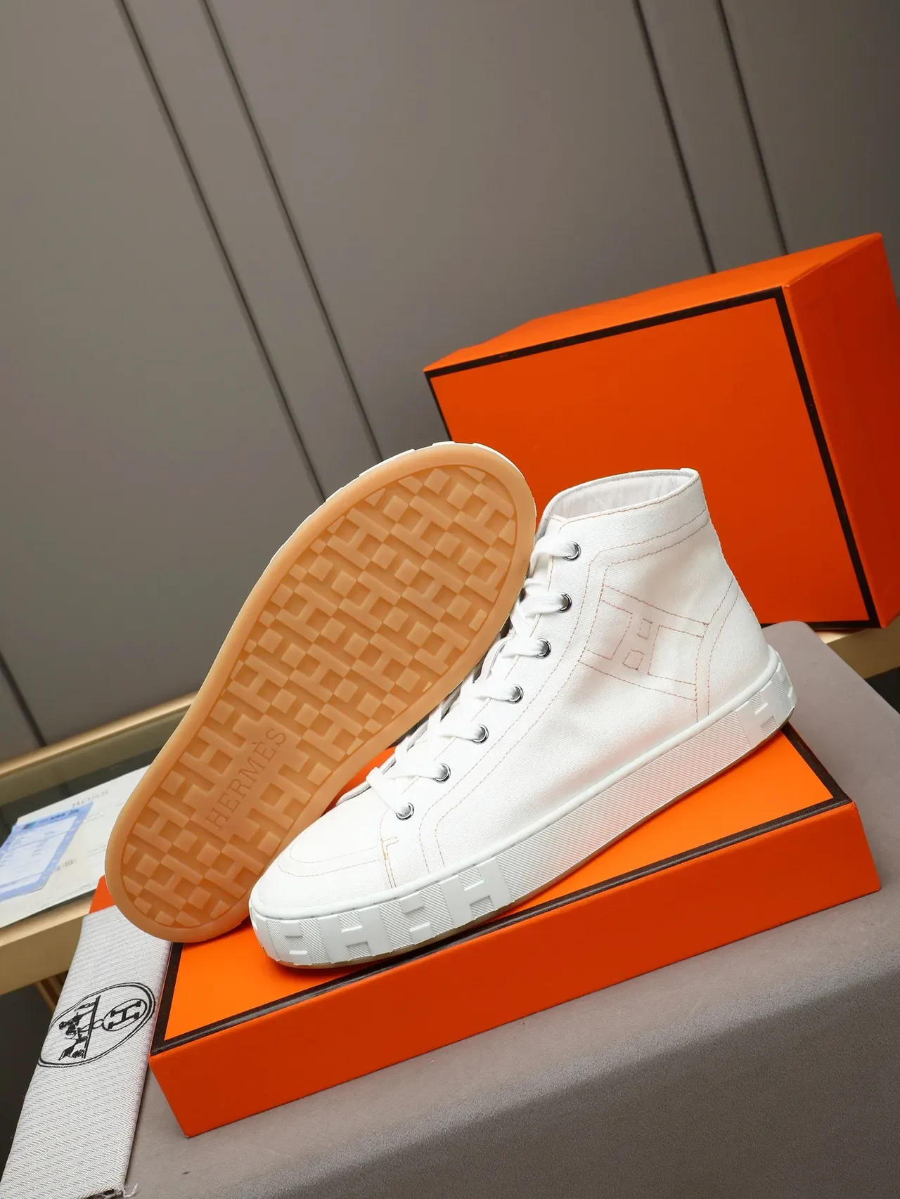 Hermès White Brown High-Top Canvas Upper Sneakers 4