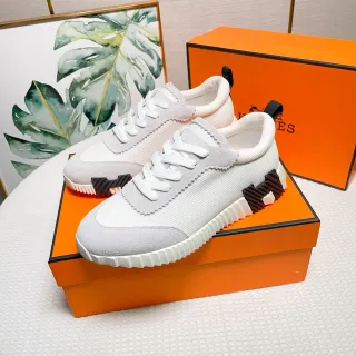 Hermès White Gray Sculpted Ridged Midsole Two-Tone Suede-Mesh Upper Sneakers