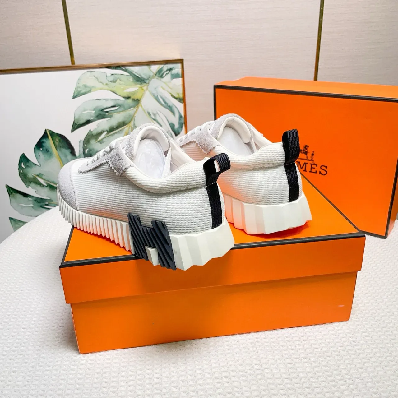 Hermès White Gray Sculpted Ridged Midsole Two-Tone Suede-Mesh Upper Sneakers 2