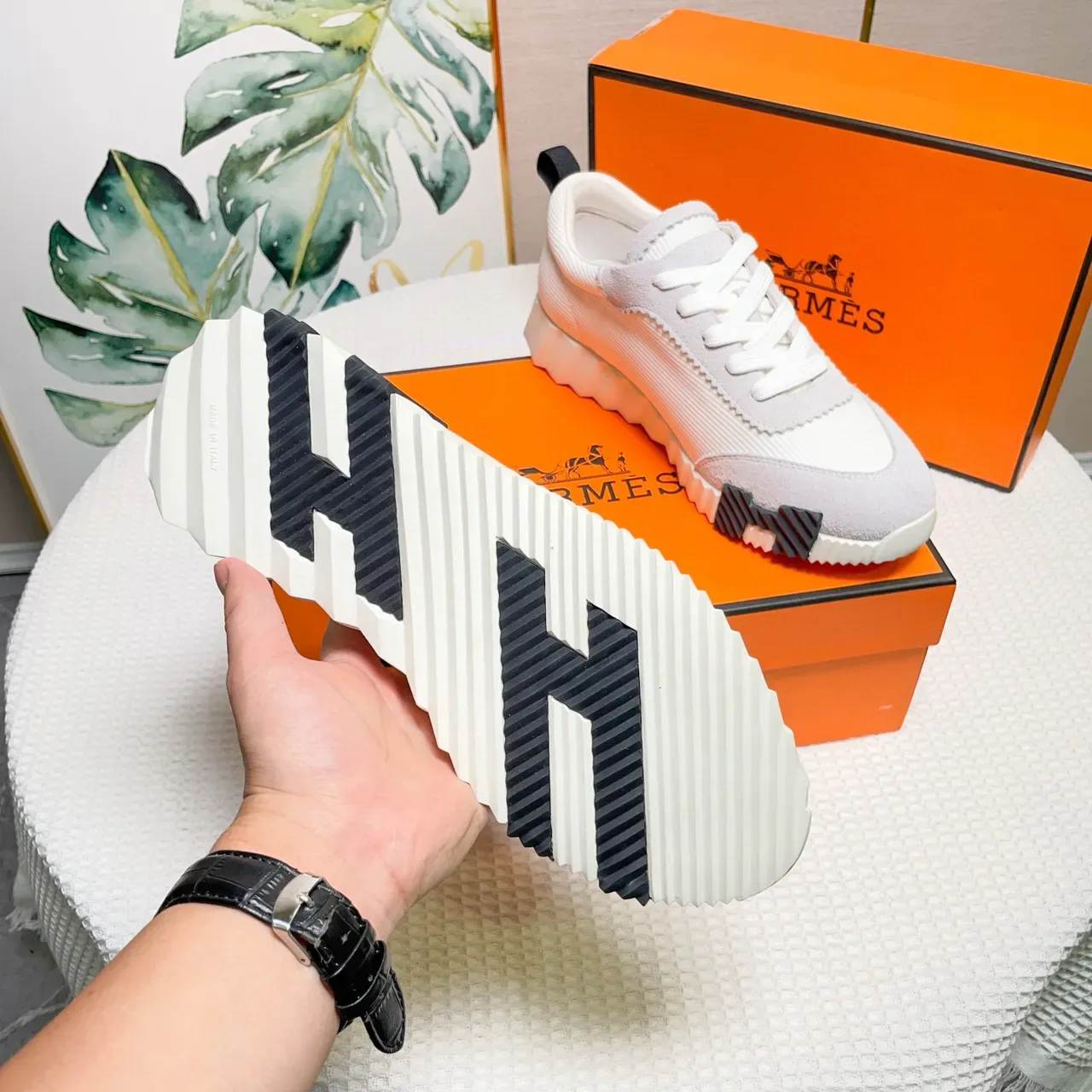 Hermès White Gray Sculpted Ridged Midsole Two-Tone Suede-Mesh Upper Sneakers 3