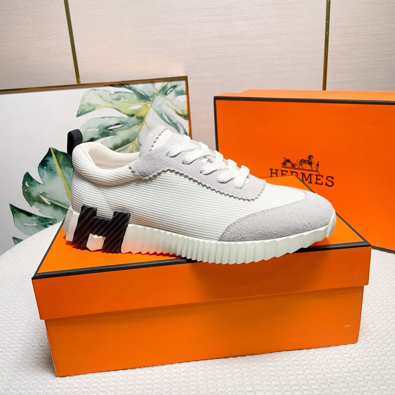 Hermès White Gray Sculpted Ridged Midsole Two-Tone Suede-Mesh Upper Sneakers 5