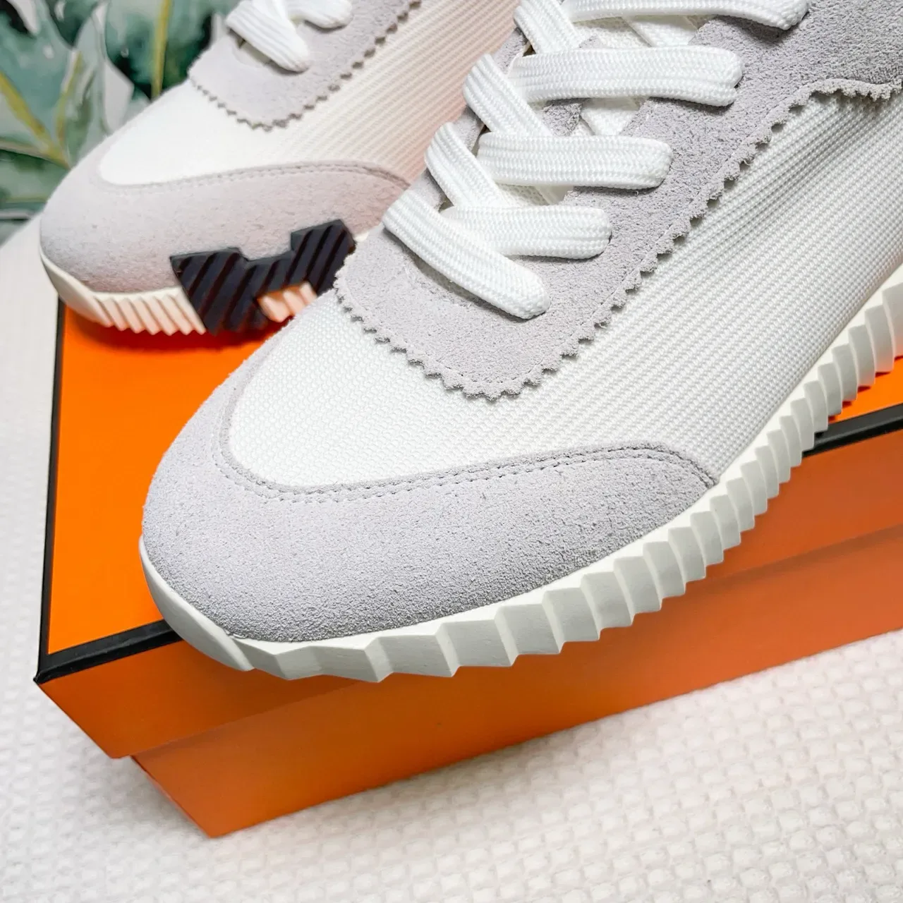 Hermès White Gray Sculpted Ridged Midsole Two-Tone Suede-Mesh Upper Sneakers 6