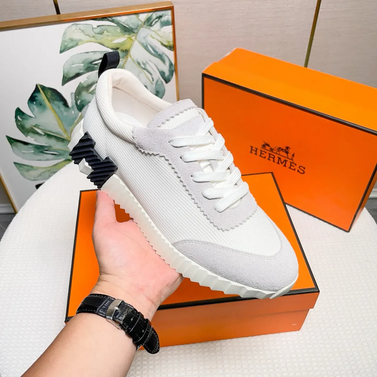 Hermès White Gray Sculpted Ridged Midsole Two-Tone Suede-Mesh Upper Sneakers 8