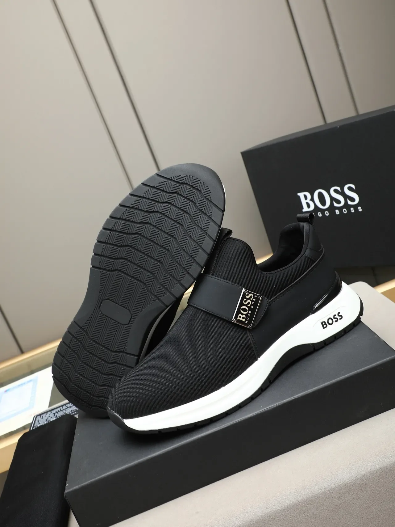 Hugo Boss Black White Slip-On Knit Upper Lifestyle Sneakers 5