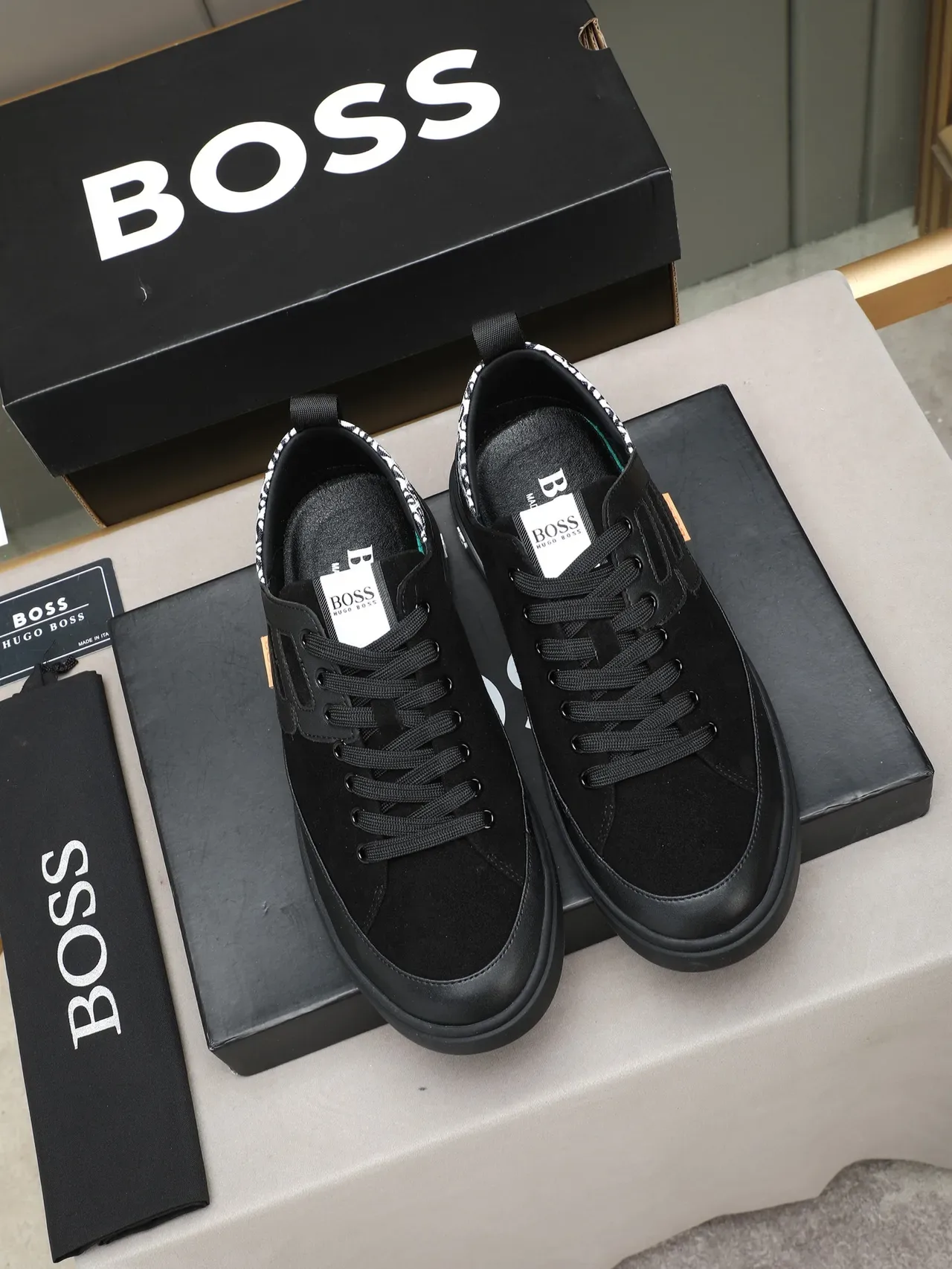 Hugo Boss Black White Suede And Synthetic Upper Monogrammed Heel Counter Sneakers 2