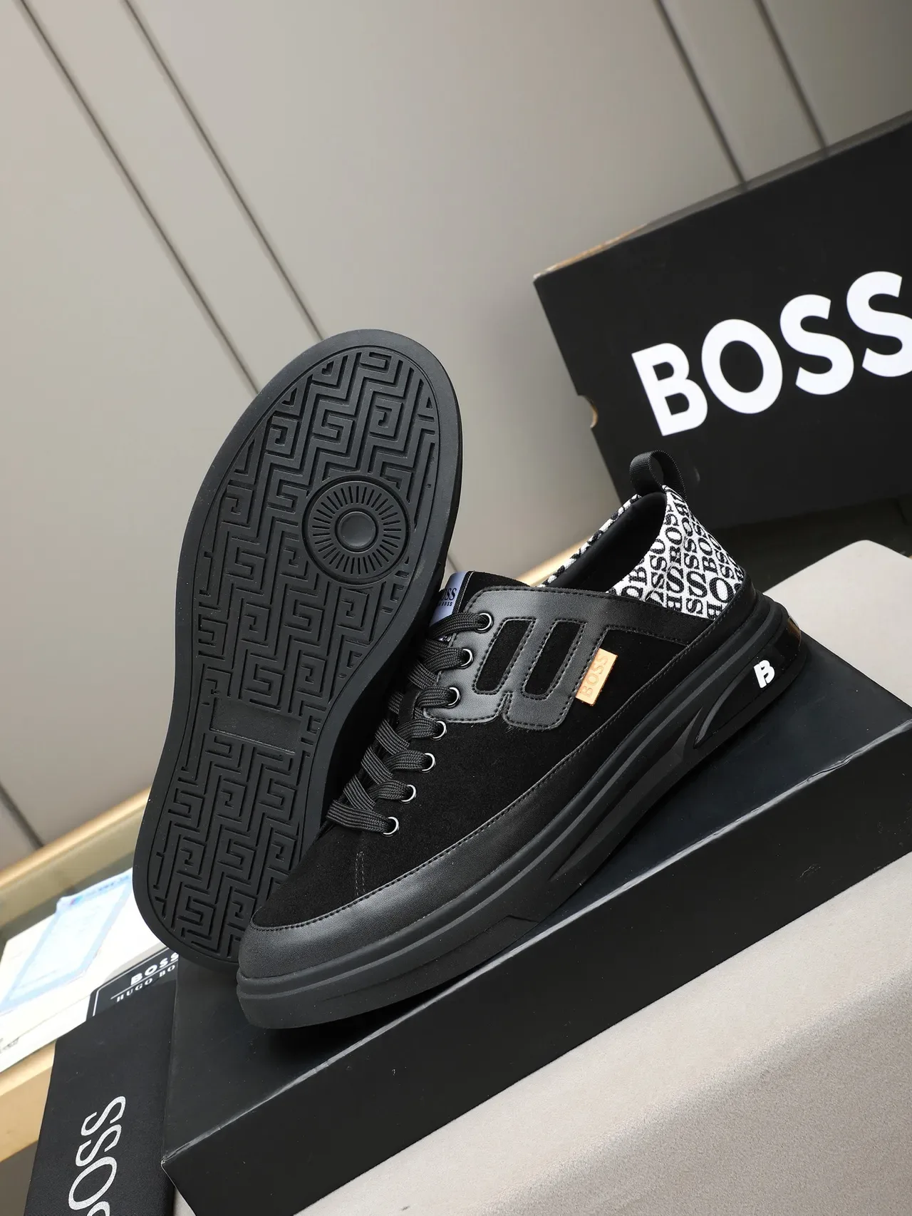 Hugo Boss Black White Suede And Synthetic Upper Monogrammed Heel Counter Sneakers 4