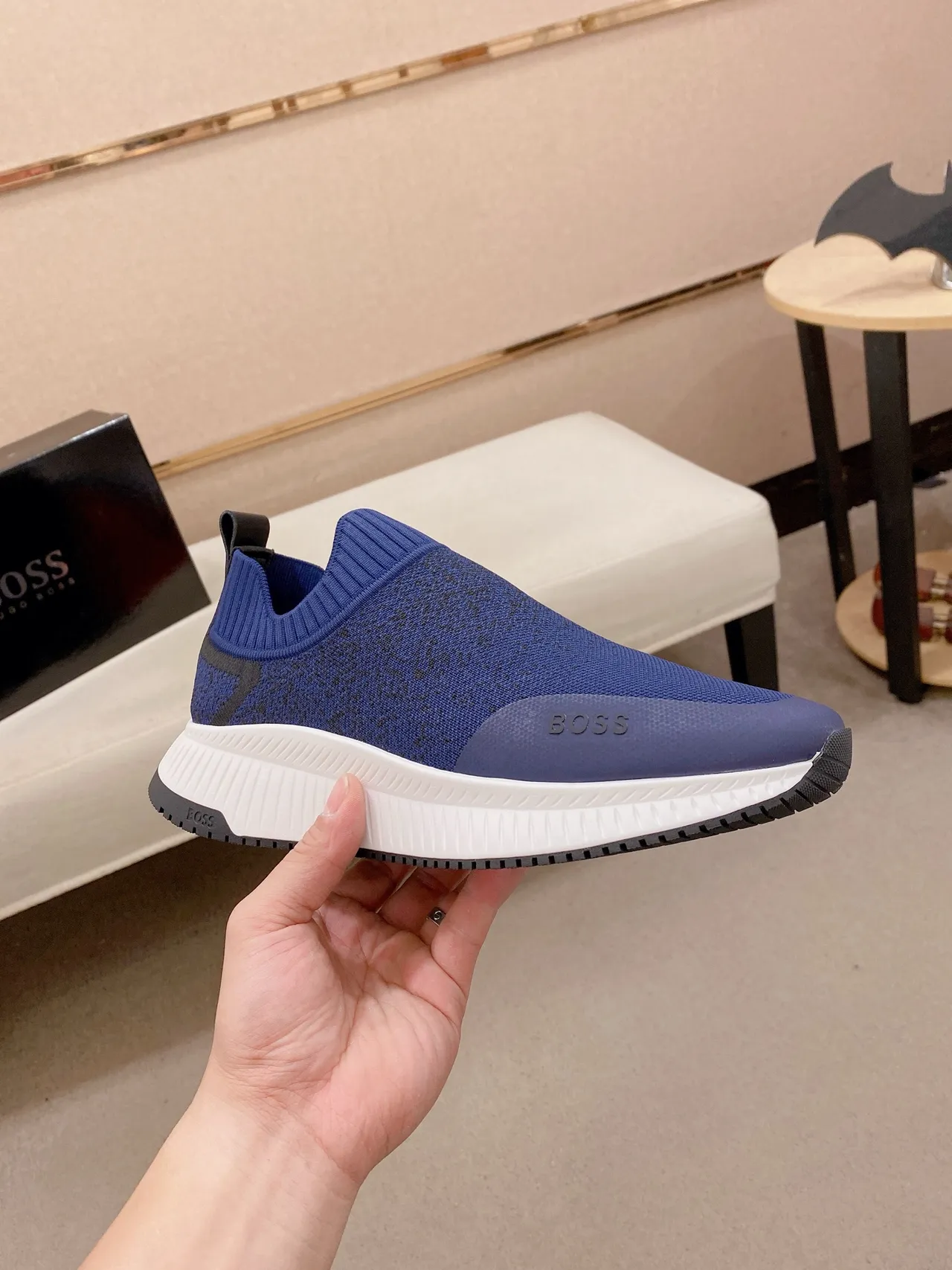 Hugo Boss Bleu Blanc Slip-On Ajusté Chaussant Partie Supérieure en Maille Sneakers Lifestyle 5