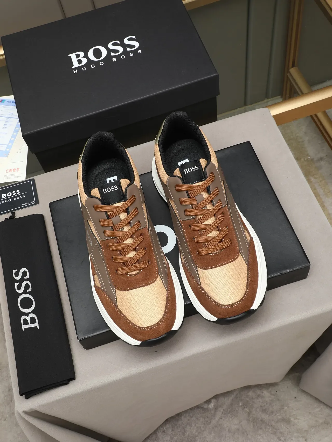Hugo Boss Brown Beige Mixed-Material Upper Suede And Mesh Paneling Sneakers 2