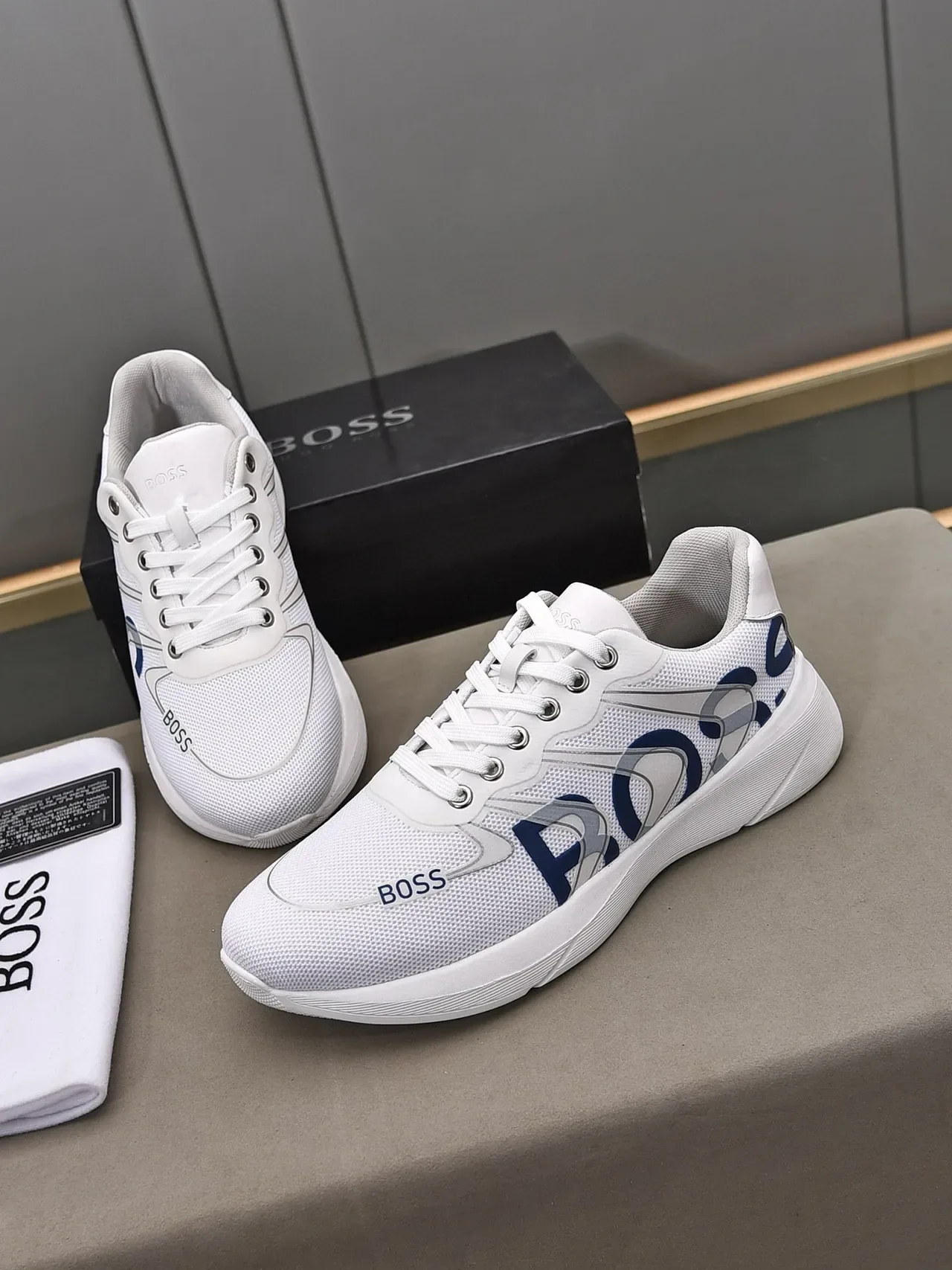 Hugo Boss Logo Print White and Navy Lifestyle Sneakers 3