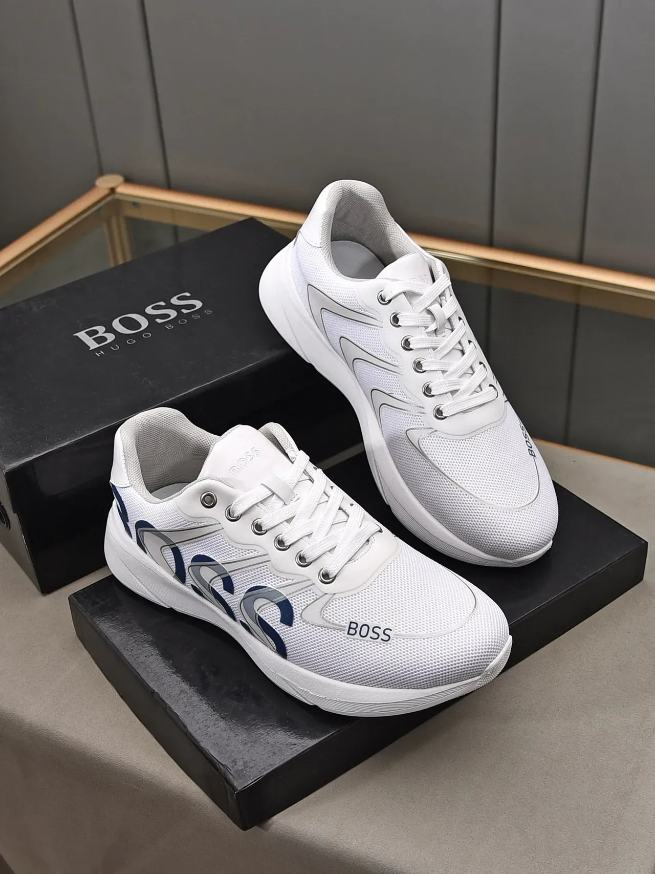 Hugo Boss Logo Print White and Navy Lifestyle Sneakers 6