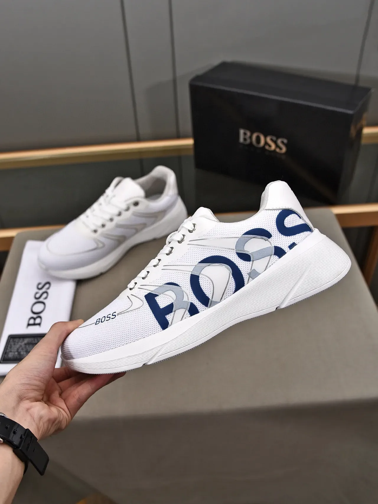 Hugo Boss Logo Print White and Navy Lifestyle Sneakers 8