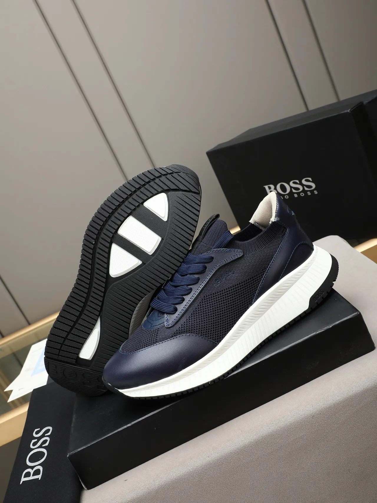 Hugo Boss Sneakers Lifestyle À Plateforme En Tricot Et Cuir Bleu Marine 4
