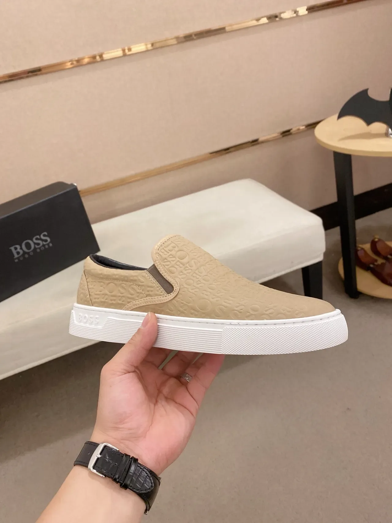 Hugo Boss Slip-On Monogram Beige Lifestyle Sneakers 4