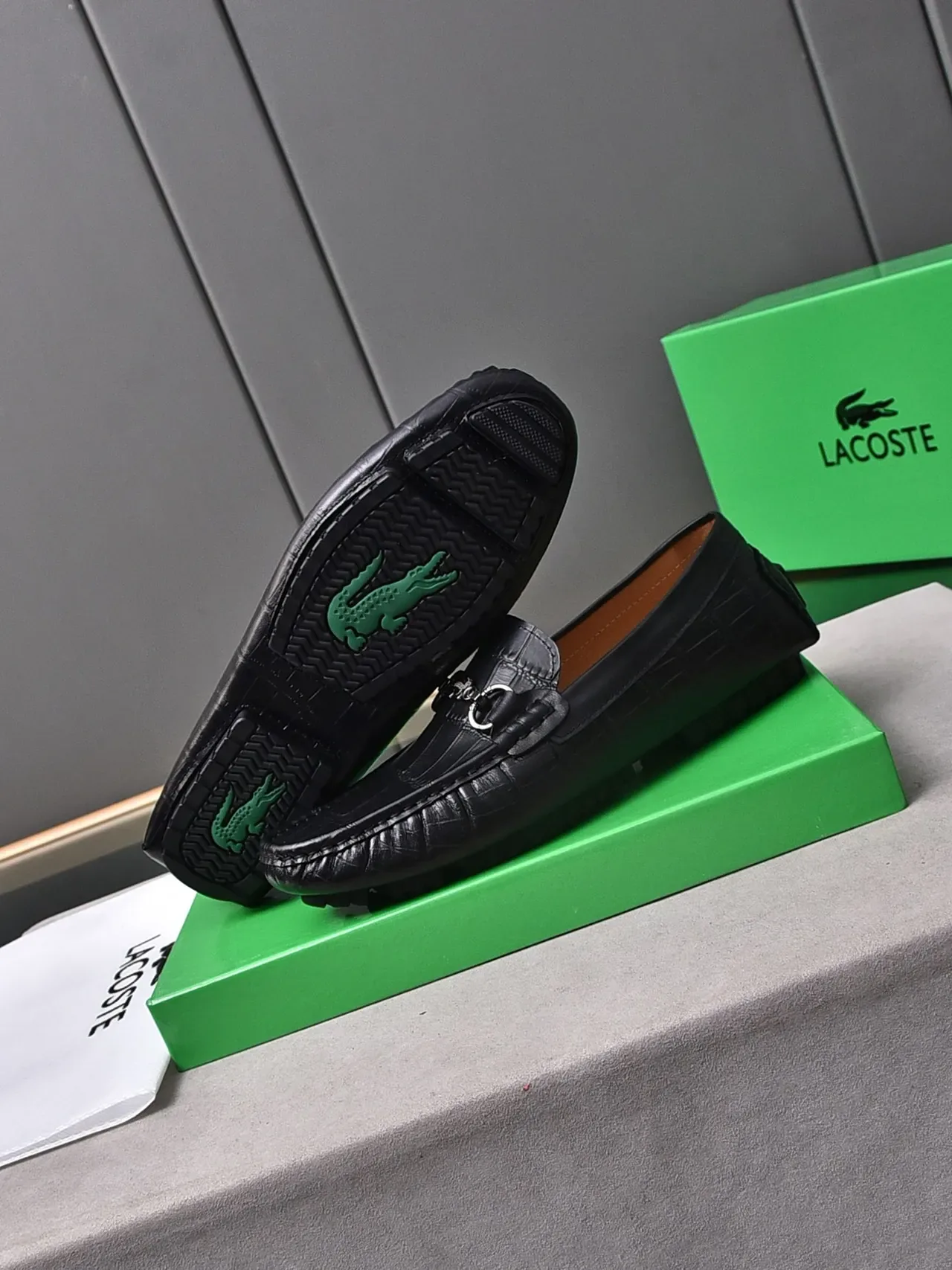 Lacoste Horsebit Loafer Mocassins Noirs en Cuir avec Embossage Crocodile 4