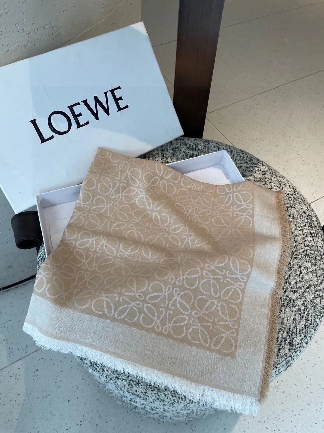Loewe Monogram Beige and White Cashmere Scarf 6