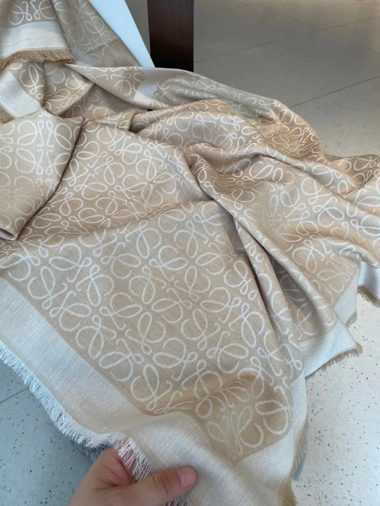 Loewe Monogram Beige and White Cashmere Scarf 8