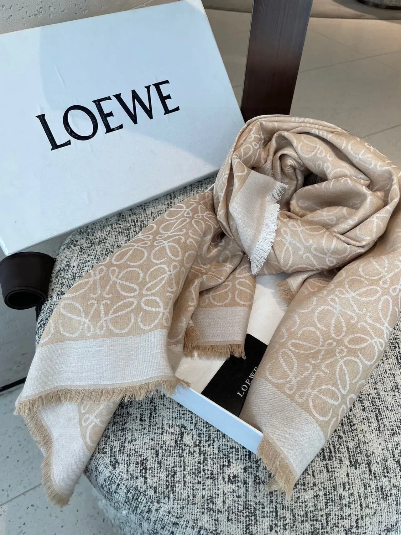 Loewe Monogram Beige and White Cashmere Scarf 9