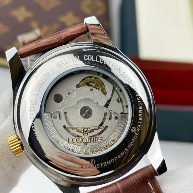 Longines Blue Brown Gold-Tone Case Guilloché Dial Mechanical Watch 3