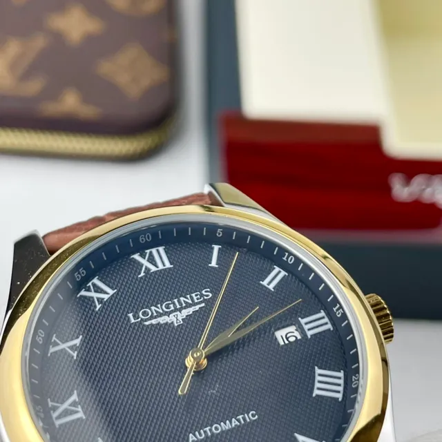 Longines Blue Brown Gold-Tone Case Guilloché Dial Mechanical Watch 4