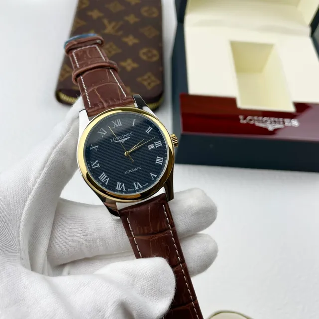 Longines Blue Brown Gold-Tone Case Guilloché Dial Mechanical Watch 5