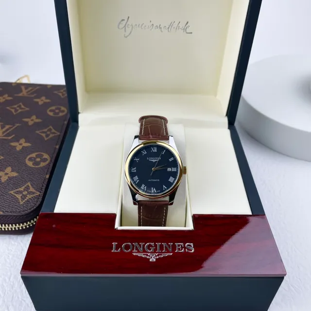 Longines Blue Brown Gold-Tone Case Guilloché Dial Mechanical Watch 6