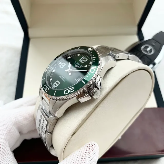 Longines Verde Prata Estilo Mergulhador Aço Inoxidável Relógio Mecânico 4