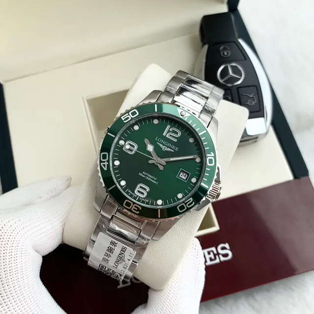 Longines Verde Prata Estilo Mergulhador Aço Inoxidável Relógio Mecânico 5