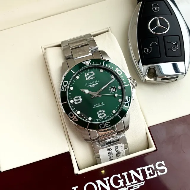 Longines Verde Prata Estilo Mergulhador Aço Inoxidável Relógio Mecânico 6