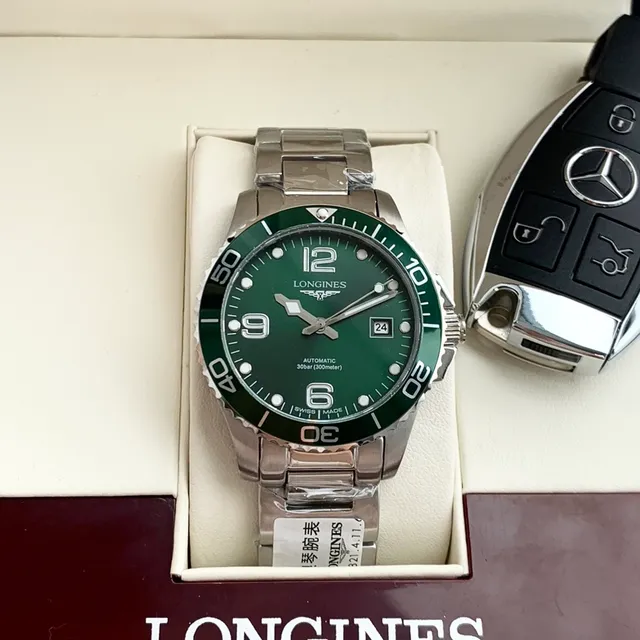 Longines Verde Prata Estilo Mergulhador Aço Inoxidável Relógio Mecânico 7