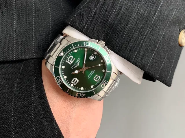 Longines Verde Prata Estilo Mergulhador Aço Inoxidável Relógio Mecânico 9