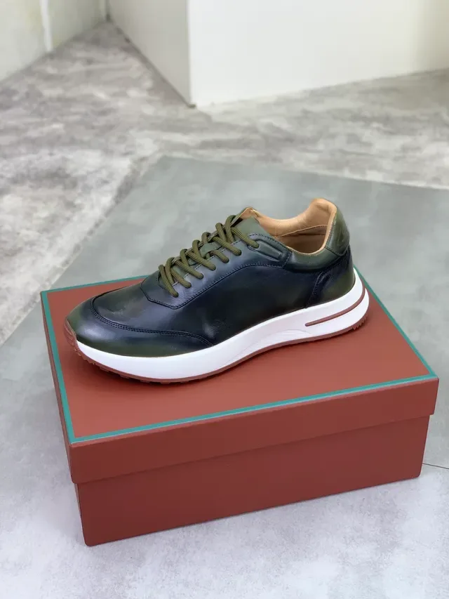 Loro Piana Black Army Green Leather Upper Contrast Laces Sneakers 5