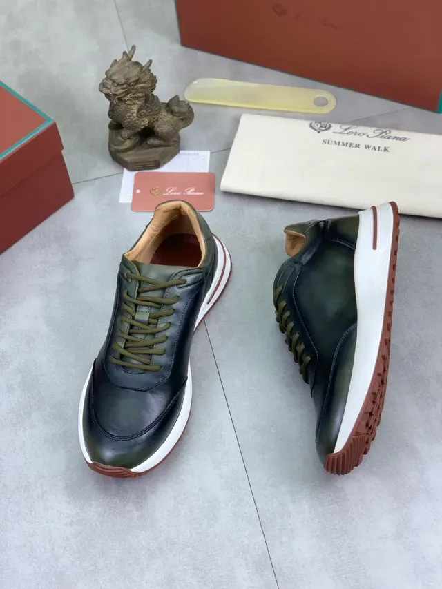 Loro Piana Black Army Green Leather Upper Contrast Laces Sneakers 6