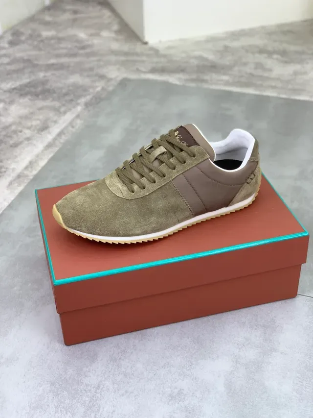 Loro Piana Olive Green Suede and Taupe Leather Lifestyle Sneakers 4