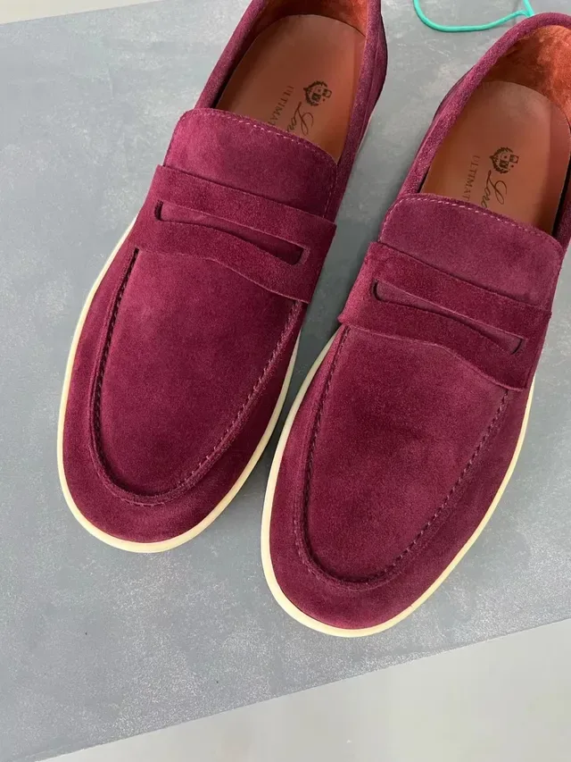 Loro Piana Penny Loafer Burgundy Suede Contrast Sole Loafers 5