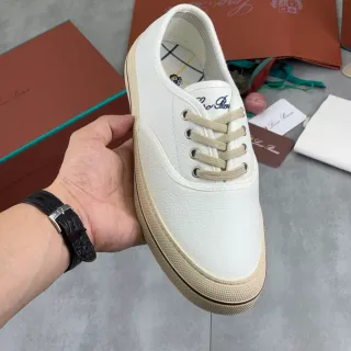 Loro Piana White Beige Pebbled Leather Low-Top Lace-Up Canvas Shoes