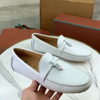 Loro Piana White Pebbled Leather Knotted Strap Loafer