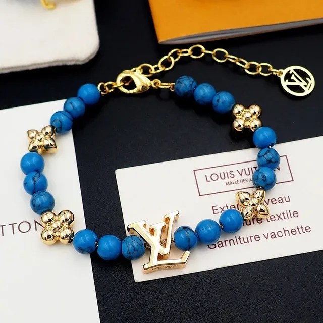 Louis Vuitton Beaded Turquoise and Gold-Tone LV Monogram Bracelet 3