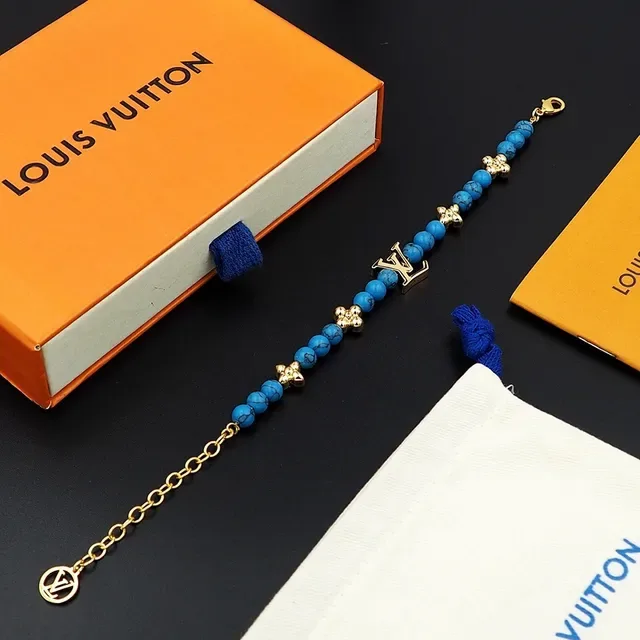 Louis Vuitton Beaded Turquoise and Gold-Tone LV Monogram Bracelet 4