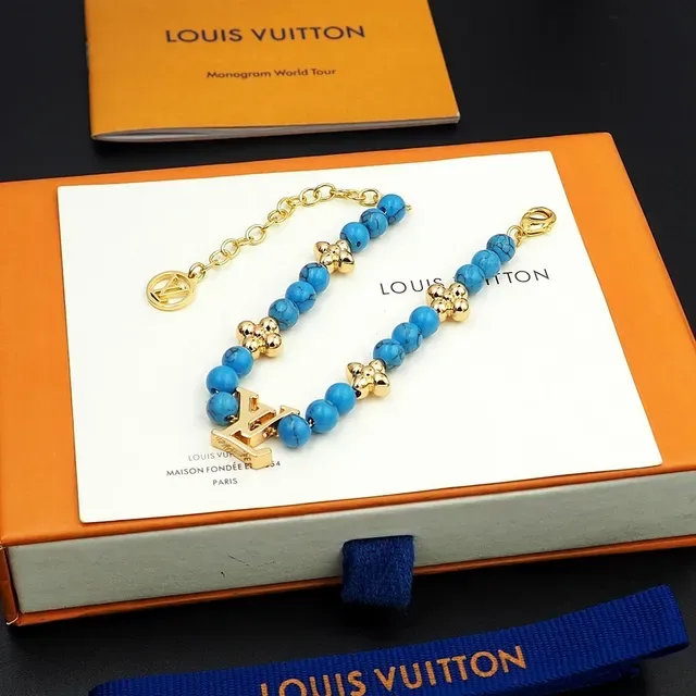 Louis Vuitton Beaded Turquoise and Gold-Tone LV Monogram Bracelet 6