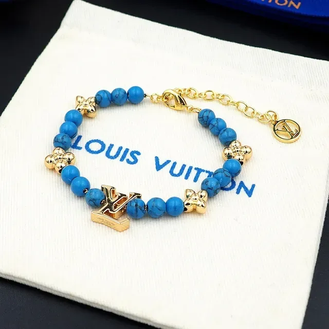 Louis Vuitton Beaded Turquoise and Gold-Tone LV Monogram Bracelet 7