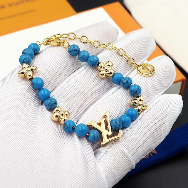 Louis Vuitton Beaded Turquoise and Gold-Tone LV Monogram Bracelet 9