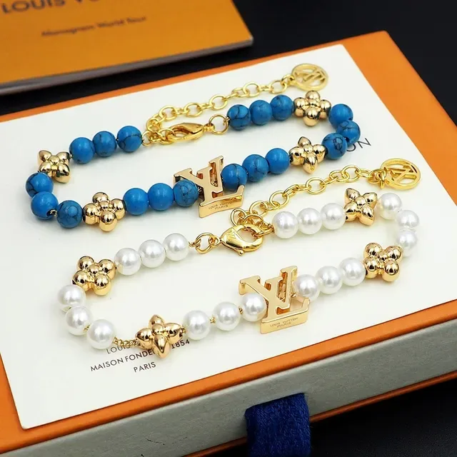 Louis Vuitton Beaded Turquoise and Gold-Tone LV Monogram Bracelet 11