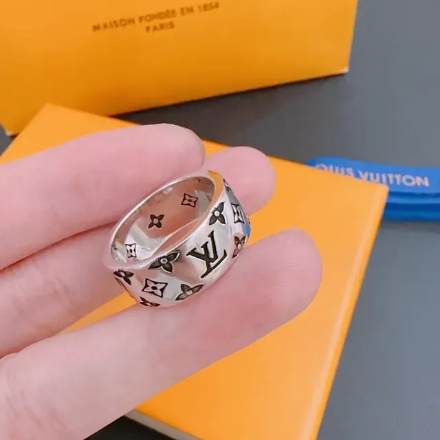 Louis Vuitton Beige Black Wide Band Monogram-Printed Ring 7