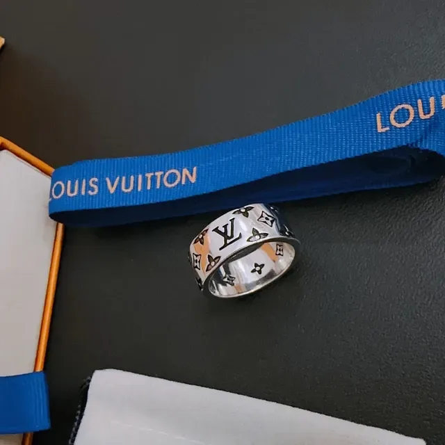 Louis Vuitton Beige Black Wide Band Monogram-Printed Ring 9