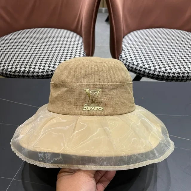 Louis Vuitton Beige Gold Structured Crown Sheer Pleated Brim Overlay Bucket Hat 4